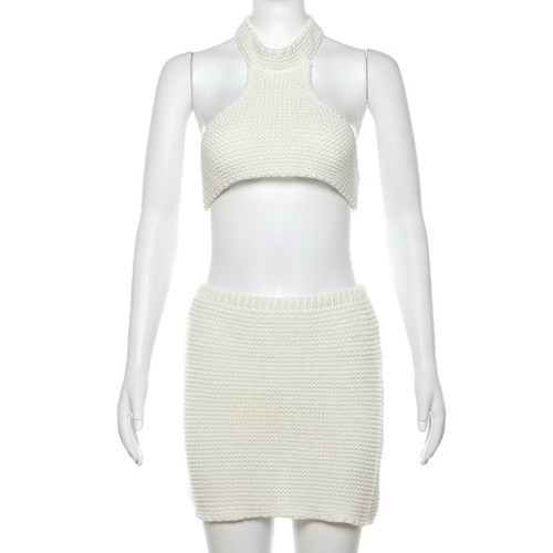 Hanging neck tied vest knitted solid color hollow buttocks short skirt set