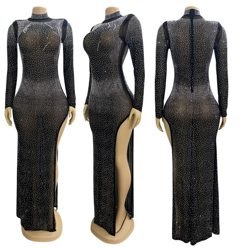 Mesh Irregular Split Long sleeved Dress