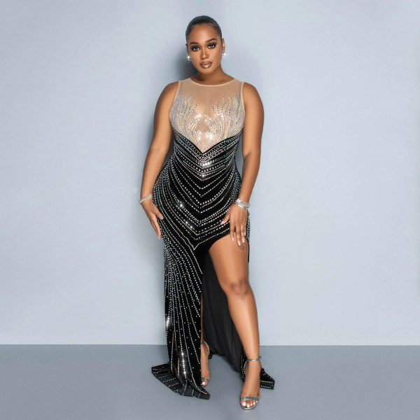 Splicing Mesh Hot Diamond Nightclub Dress Long Sleeveless Dress