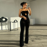 Hanging Neck and Open Back Hollow Mesh Perspective jumpsuit