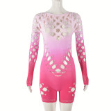 Integrated high elasticity tie dyed hollow out long sleeved jumpsuit
