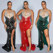 Splicing Mesh Hot Diamond Nightclub Dress Long Sleeveless Dress