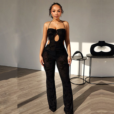 Hanging Neck and Open Back Hollow Mesh Perspective jumpsuit