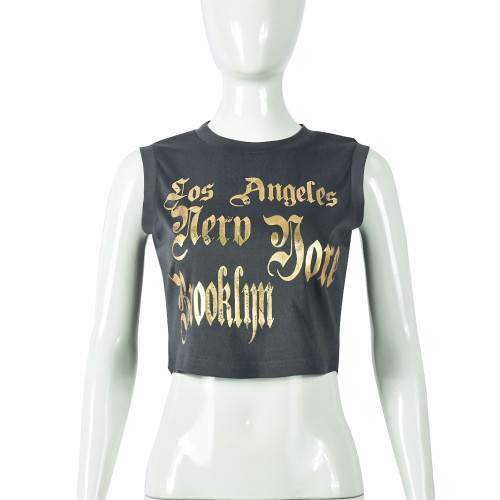 Printed Sleeveless Open Navel Round Neck Personalized Fashion T-shirt