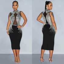 Women's mesh hot diamond sleeveless mid length dress