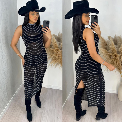 Women's Mesh Perspective Hot Diamond Sleeveless Dress