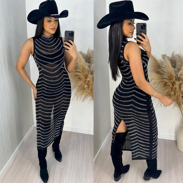 Women's Mesh Perspective Hot Diamond Sleeveless Dress