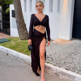 V-neck open back skirt set