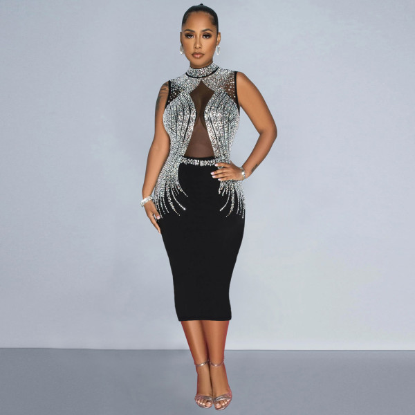 Women's mesh hot diamond sleeveless mid length dress