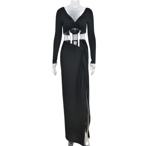 V-neck open back skirt set