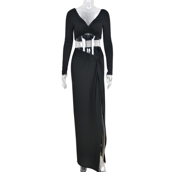 V-neck open back skirt set