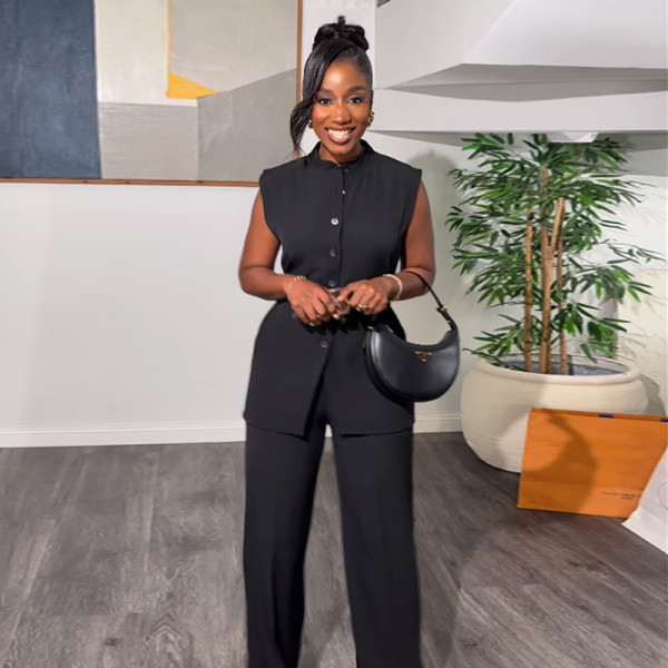 Stand up collar, breasted, sleeveless, waistband tied top, wide leg pants set