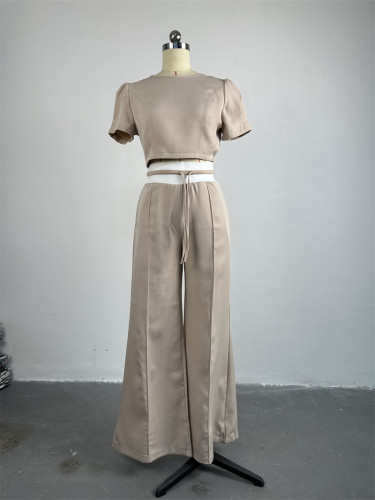 Round neck bubble sleeve top with tie up wide leg pants set
