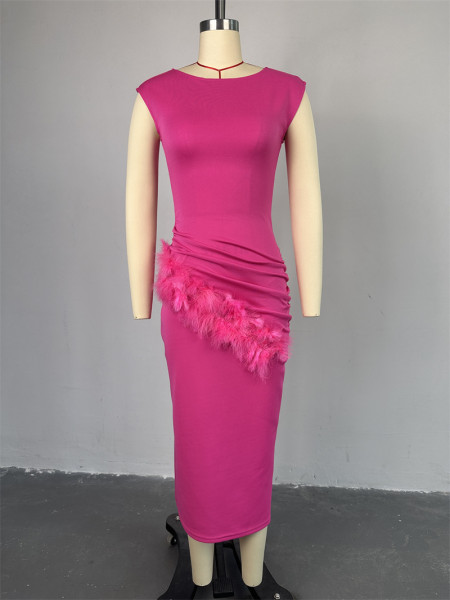 Drawn pleated fur edge slim fit mid length dress