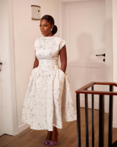 Printed waistband short sleeved A-line mid length dress