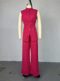 Stand up collar, breasted, sleeveless, waistband tied top, wide leg pants set
