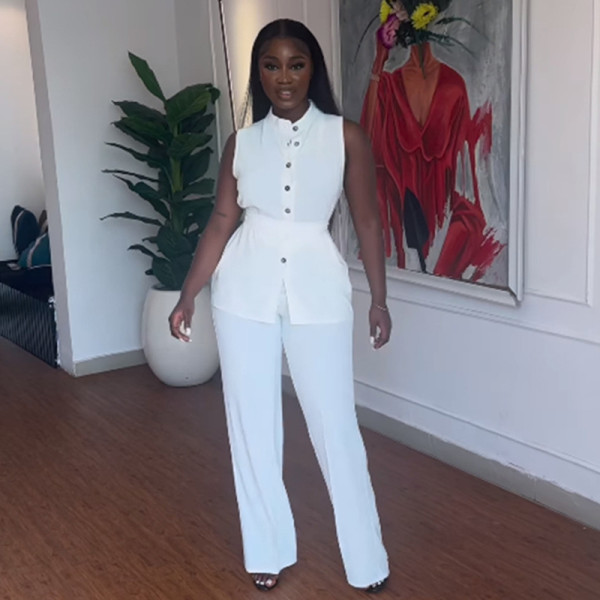 Stand up collar, breasted, sleeveless, waistband tied top, wide leg pants set