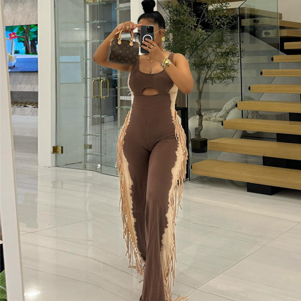 Hollow vest tassel decorative jumpsuit pants