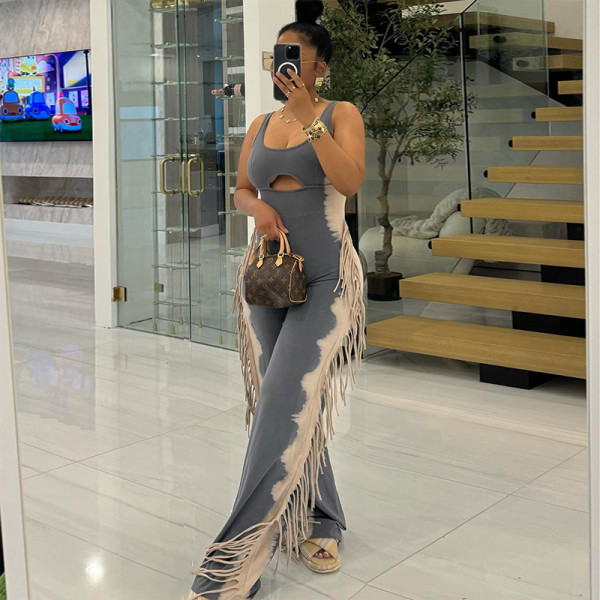 Hollow vest tassel decorative jumpsuit pants