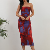 Printed double-layer sexy side slit dress