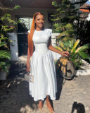 Round neck waist high waisted fishbone A-line dress