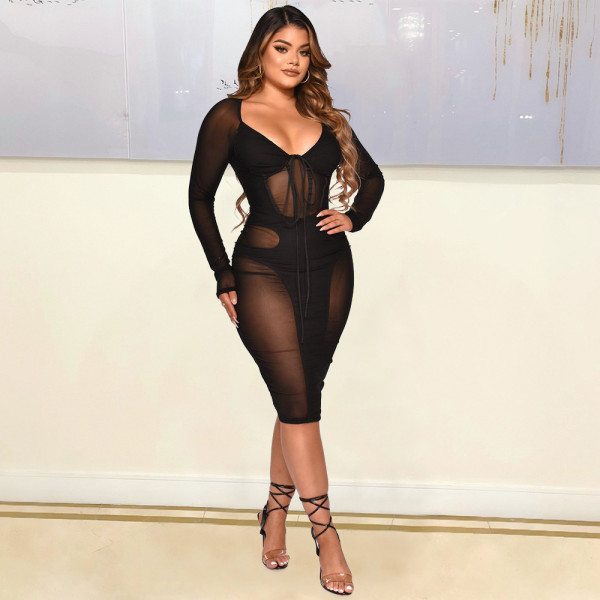 Mesh splicing and perspective strap dress