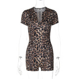 Leopard print short sleeved V-neck fashionable tight lifting hip jumpsuit