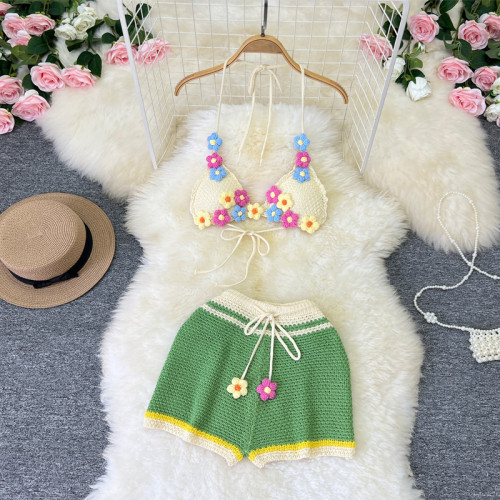 Knitted neck tie and hollowed out bikini two-piece set
