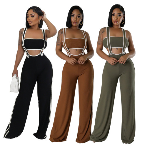 Loose camisole jumpsuit paired with strapless top