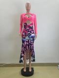 Women's mesh fishtail ruffled edge printed dress