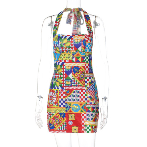 Printed Short Skirt Lace Up Neck Open Back Dress