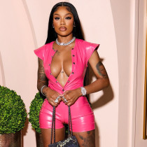 Solid color PU leather round neck single breasted backless jumpsuit shorts