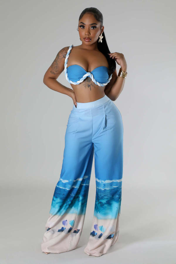Slim fit positioning printed pants two-piece set