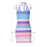 Striped printed hanging neck backless dress