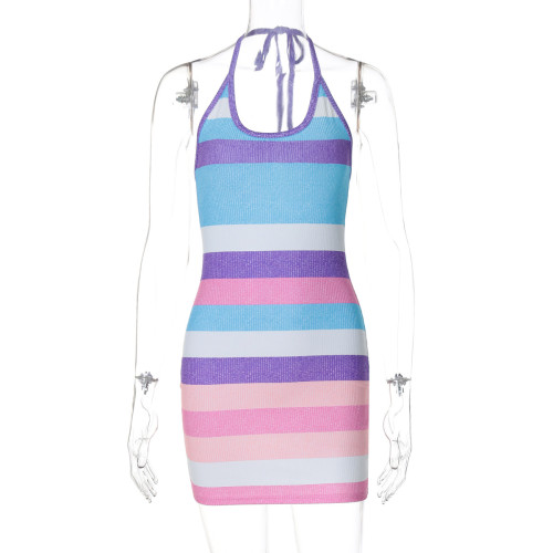 Striped printed hanging neck backless dress