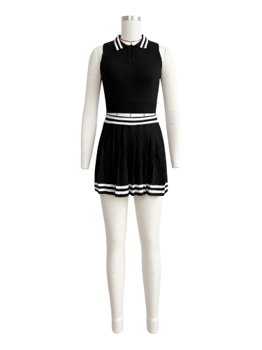 Woolen lapel buckle striped tight pleated skirt set