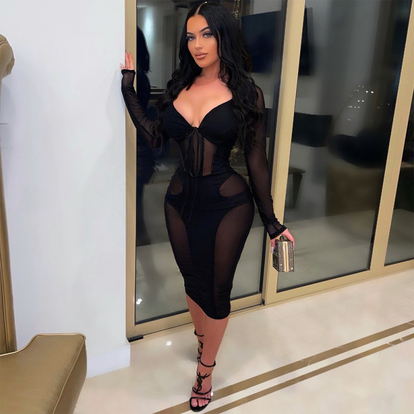 Mesh splicing and perspective strap dress