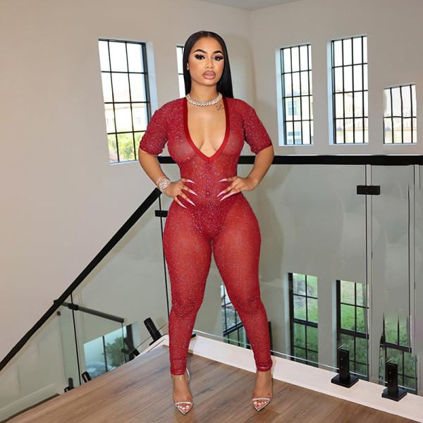 Deep V short sleeved high waisted tight fitting jumpsuit pants