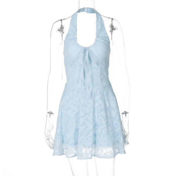 Hanging neck, backless jacquard, pure desire, high waist, slimming dress