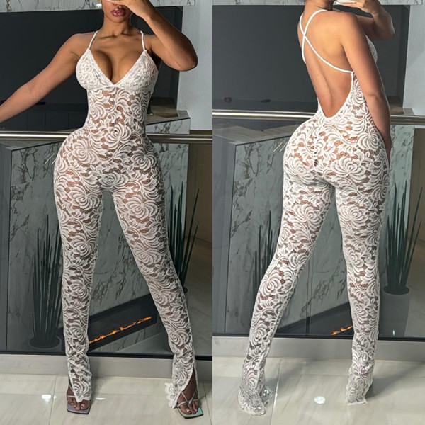 Deep V-strap backless lace perspective tight jumpsuit