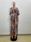 Irregular striped printed V-neck short sleeved wide leg pants set