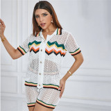 Perspective hollowed out lapel cardigan high waisted shorts knitted casual suit