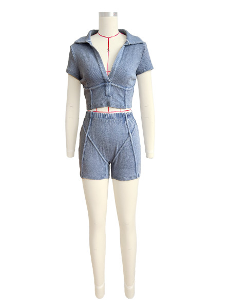 Lapel deep V short sleeved cotton thread wash set