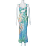 Lace print sleeveless backless dress