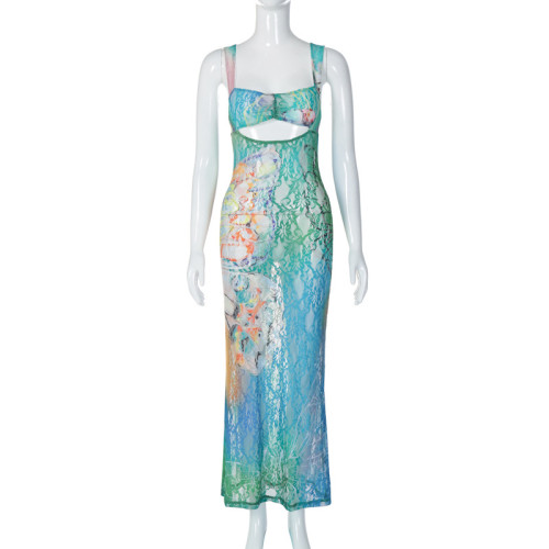 Lace print sleeveless backless dress