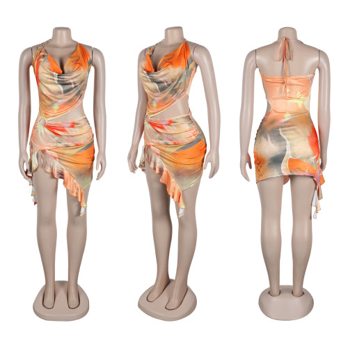 Printed hollow backless hanging neck lace short dress