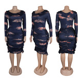 Printed pleated buttocks elastic slim fitting lace dress