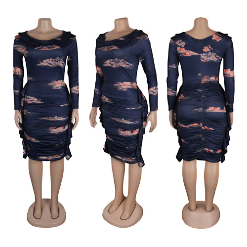 Printed pleated buttocks elastic slim fitting lace dress