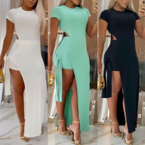 Hollow elastic tight fitting split strap mid length skirt two-piece set Hollow elastic tight fitting split strap mid length skirt two-piece set