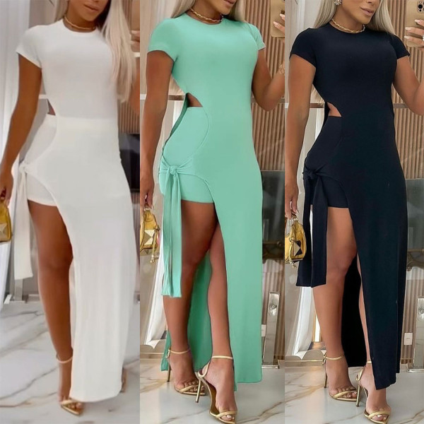 Hollow elastic tight fitting split strap mid length skirt two-piece set